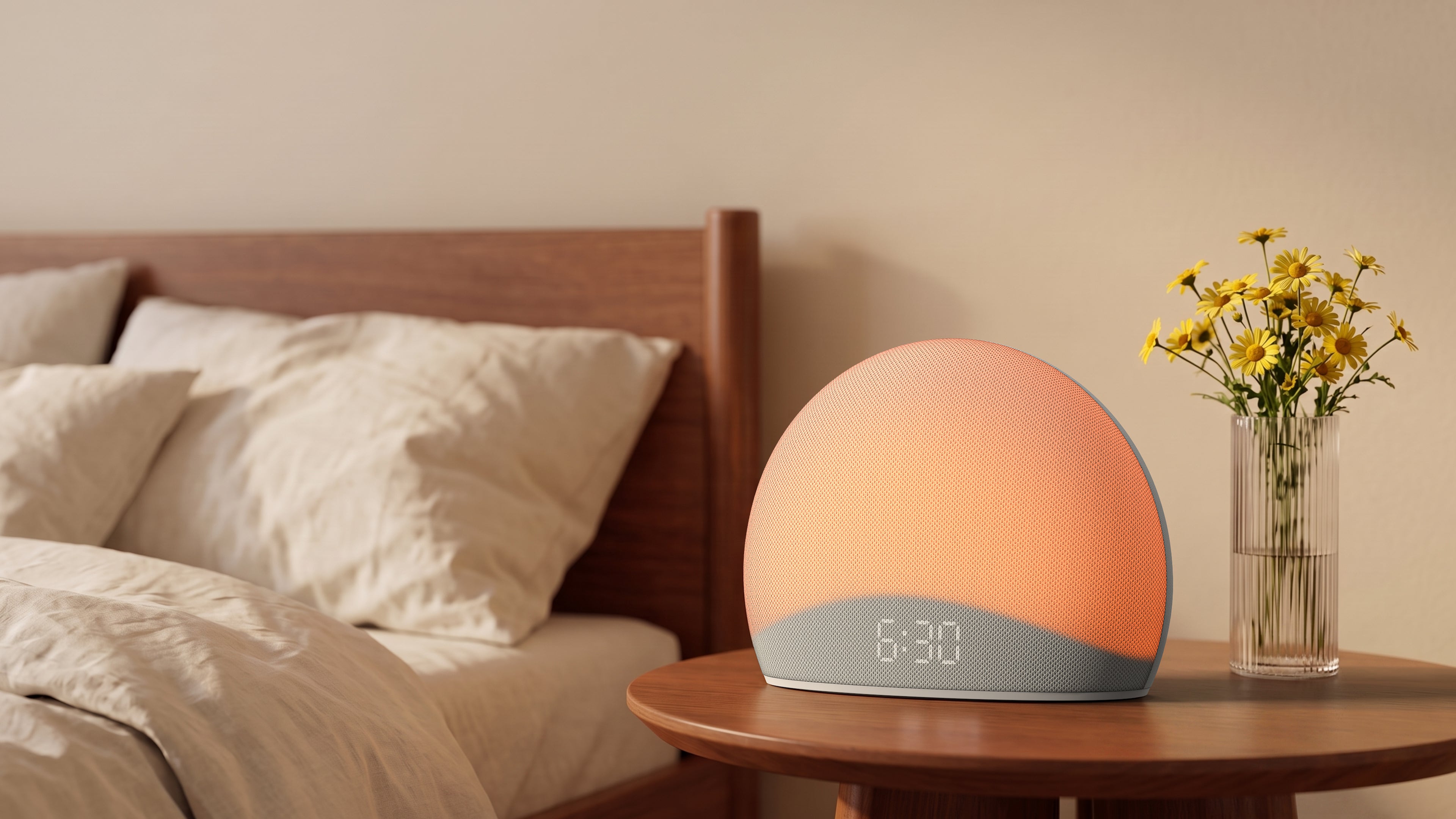 HOUSBAY Dawn sleep clock on a bedside table with warm sunrise light