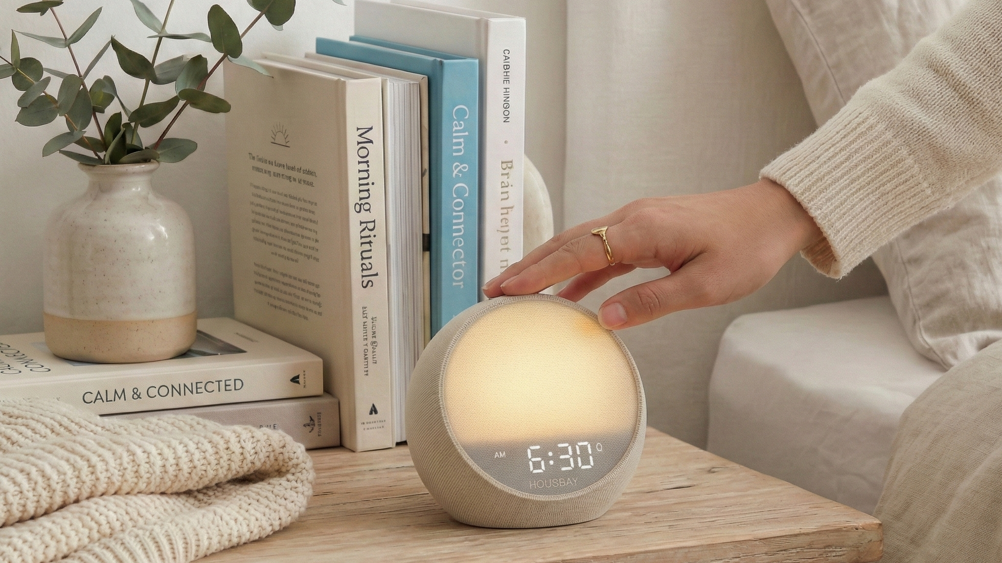 Person interacting with a rhythm driven wake up device on a wooden table in a cozy living room.