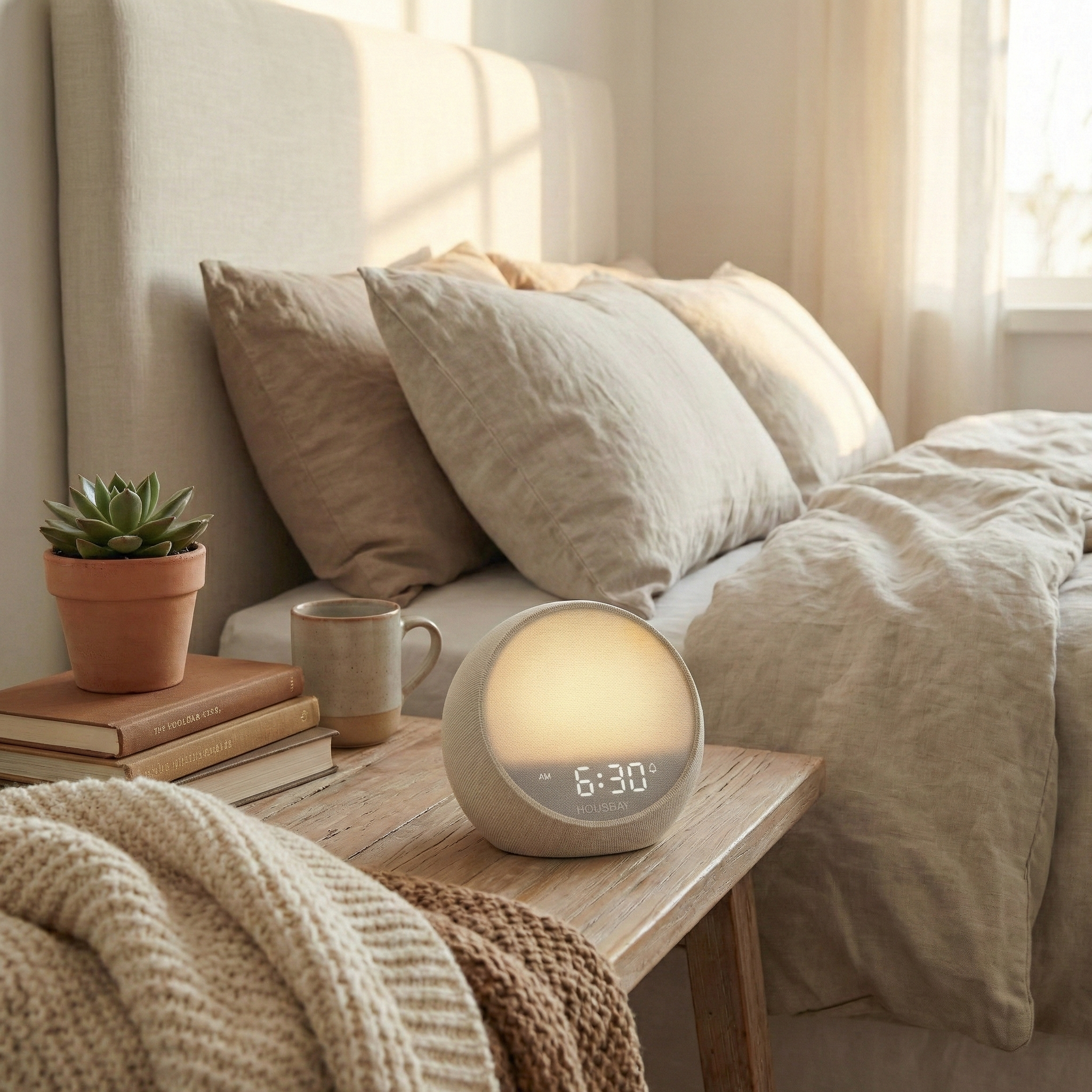 A HOUSBAY MINI phone free sunrise alarm clock on a bedside table next to a bed with pillows and a plant