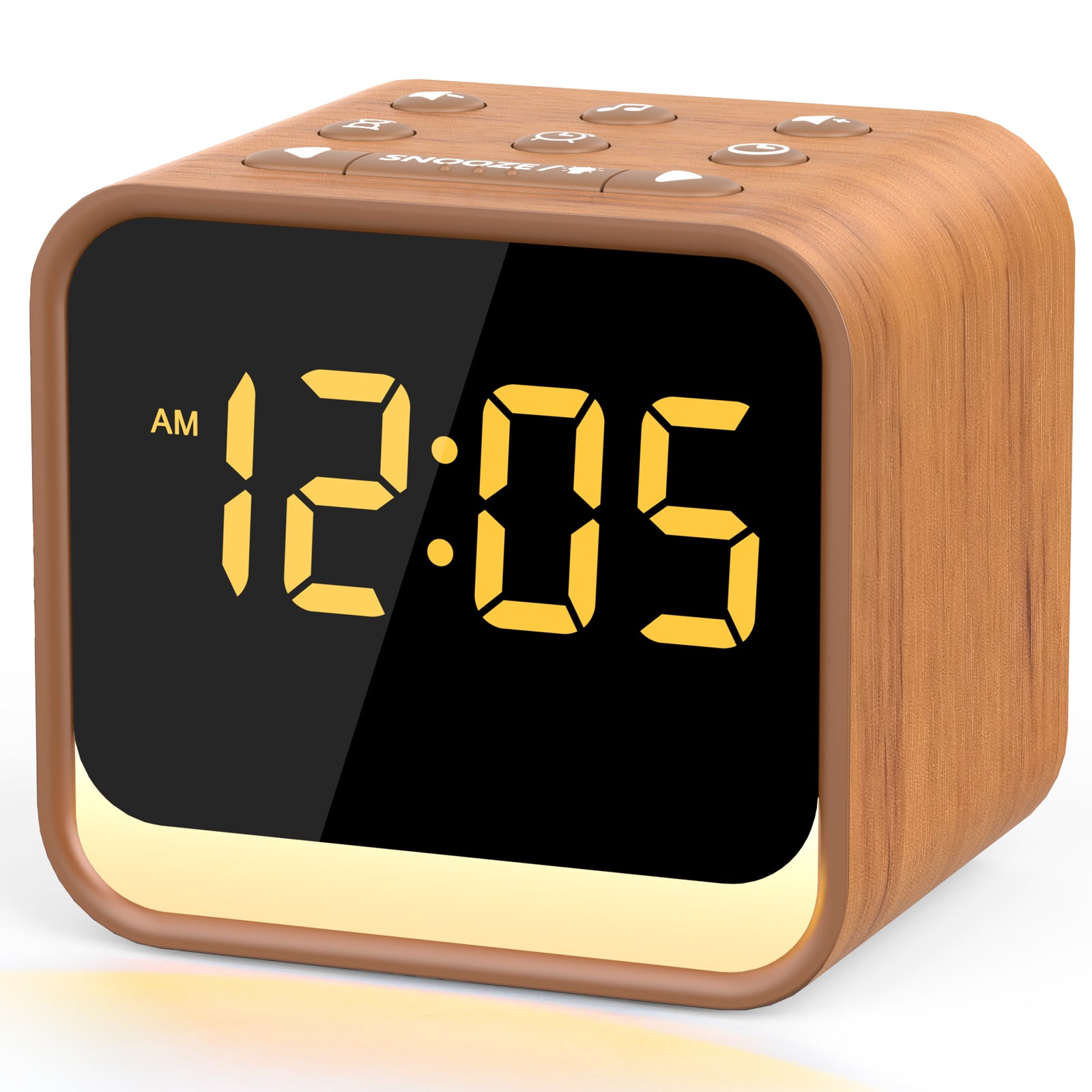 Wooden digital clock with black display and yellow numbers on a white background