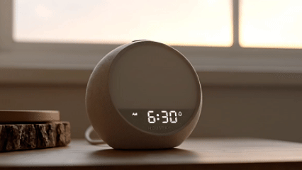 Rhythmana MINI glowing softly at 6:30 on a bedroom table with warm sunrise light coming through the window.