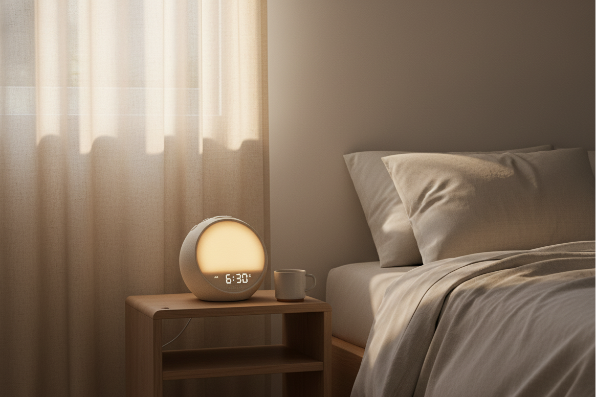 Rhythmana MINI on bedside table with soft morning light