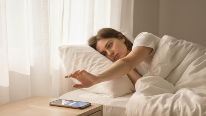 Woman lying in bed using a smartphone with a nightstand beside her.