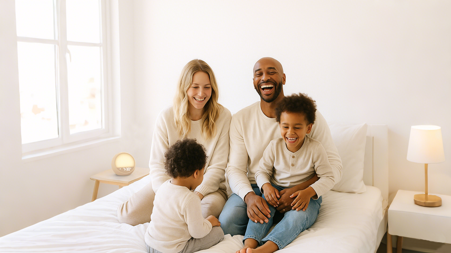 family waking up calmly in a soft, warm morning light with HOUSBAY spirit