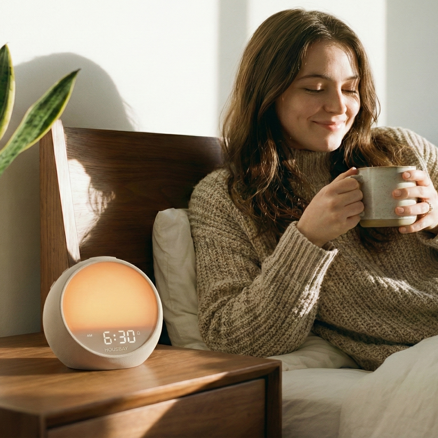 Woman in a cozy bedroom holding a mug with a housbay mini sunrise alarm clock and plant in the background