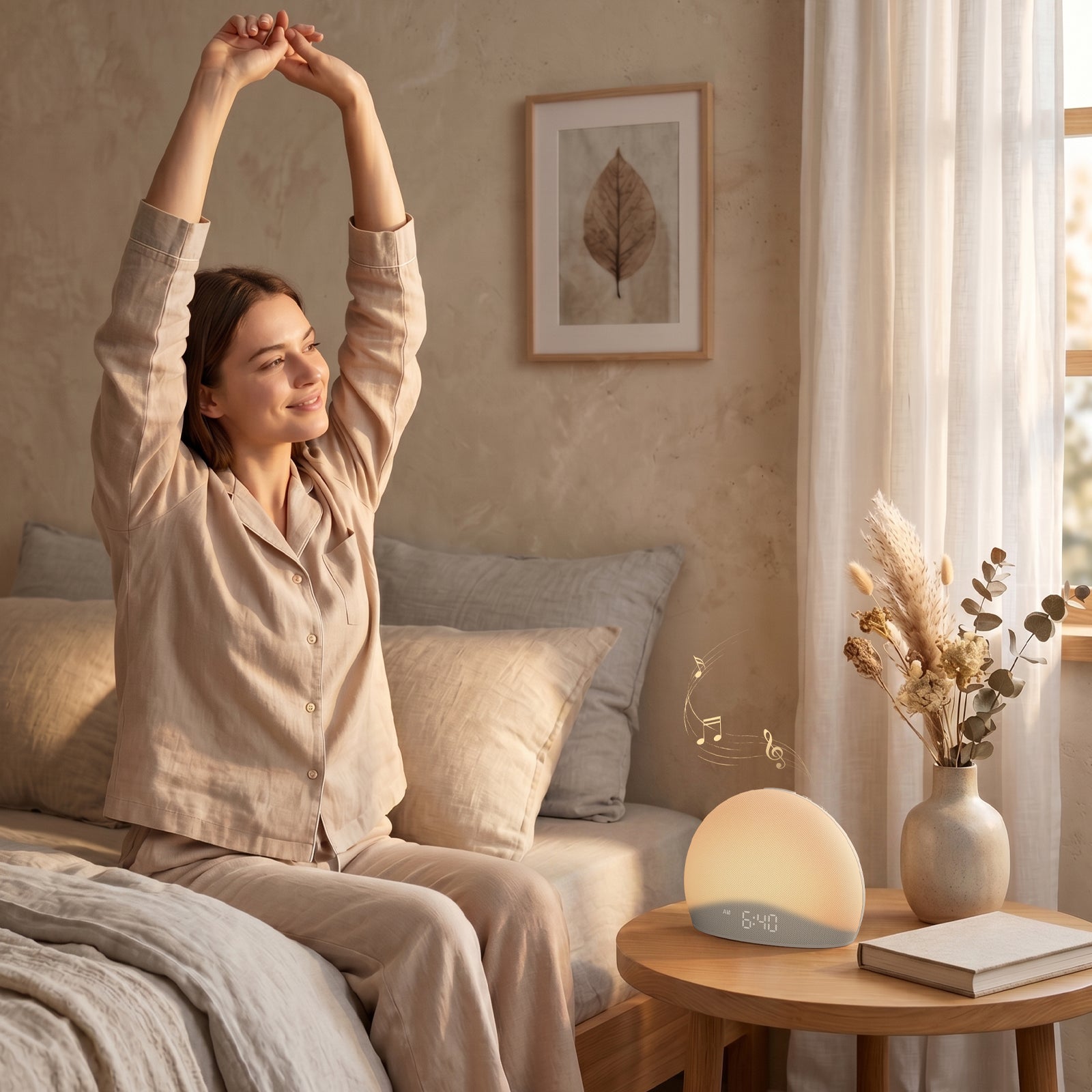 A smiling woman stretching her arms in bed at 6:40 AM, waking up gently to soft light and soothing music from the Housbay Dawn alarm clock.