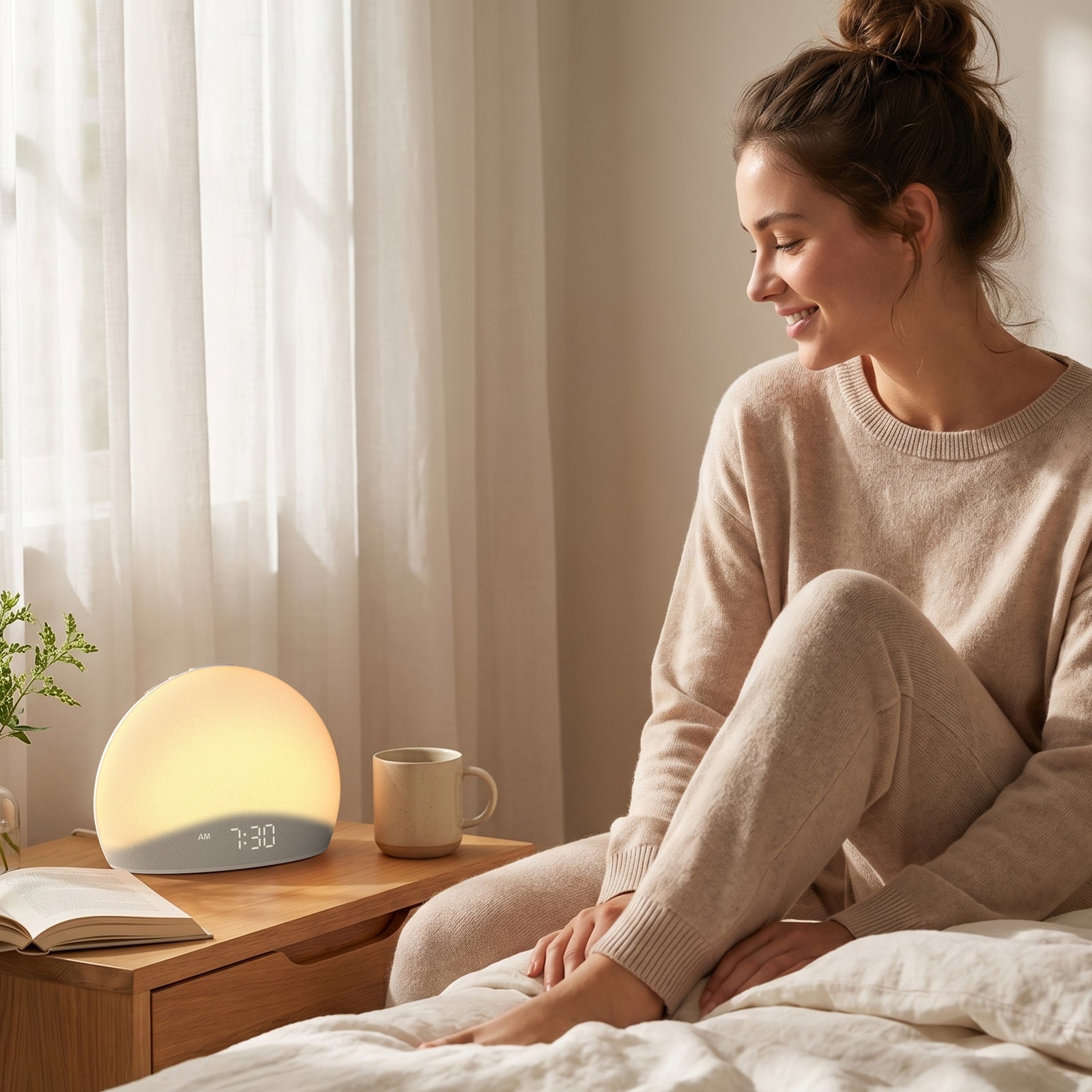 A smiling woman sitting comfortably on the edge of her bed in the morning, enjoying a relaxed routine with the Housbay Dawn light nearby.