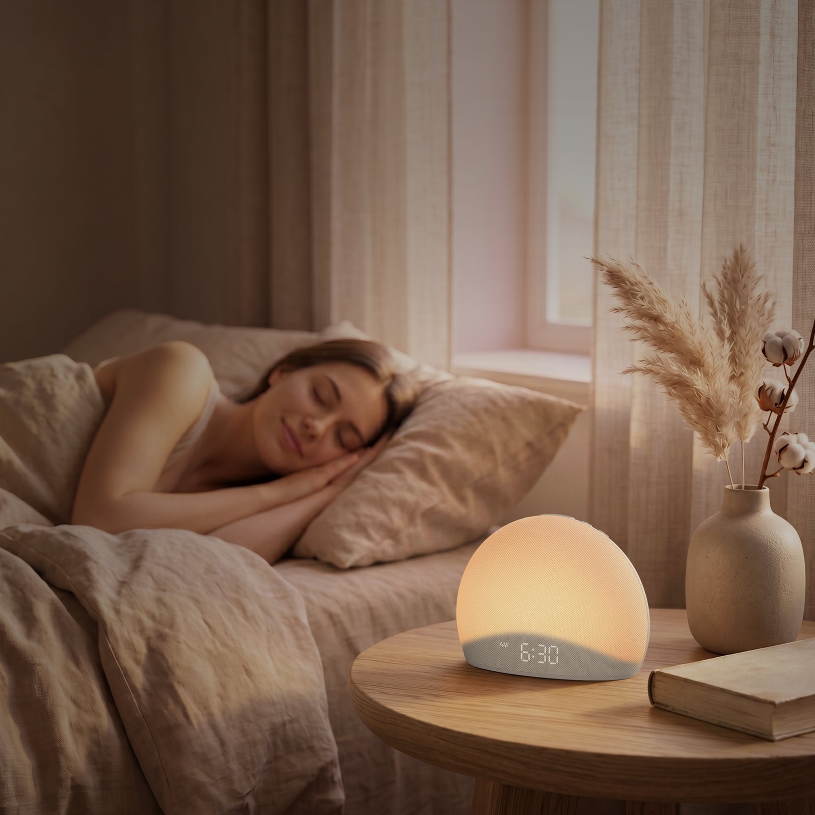 A woman sleeping soundly in bed with the Housbay Dawn wake-up light glowing softly at 6:30 AM on the bedside table, simulating a gentle sunrise.