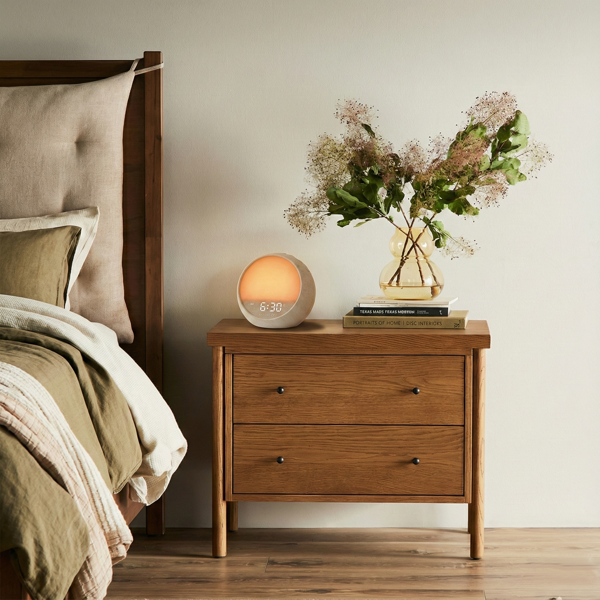 Aesthetic bedroom setup featuring the HOUSBAY Mini Awake sunrise clock next to a beautiful floral arrangement on a wooden table.