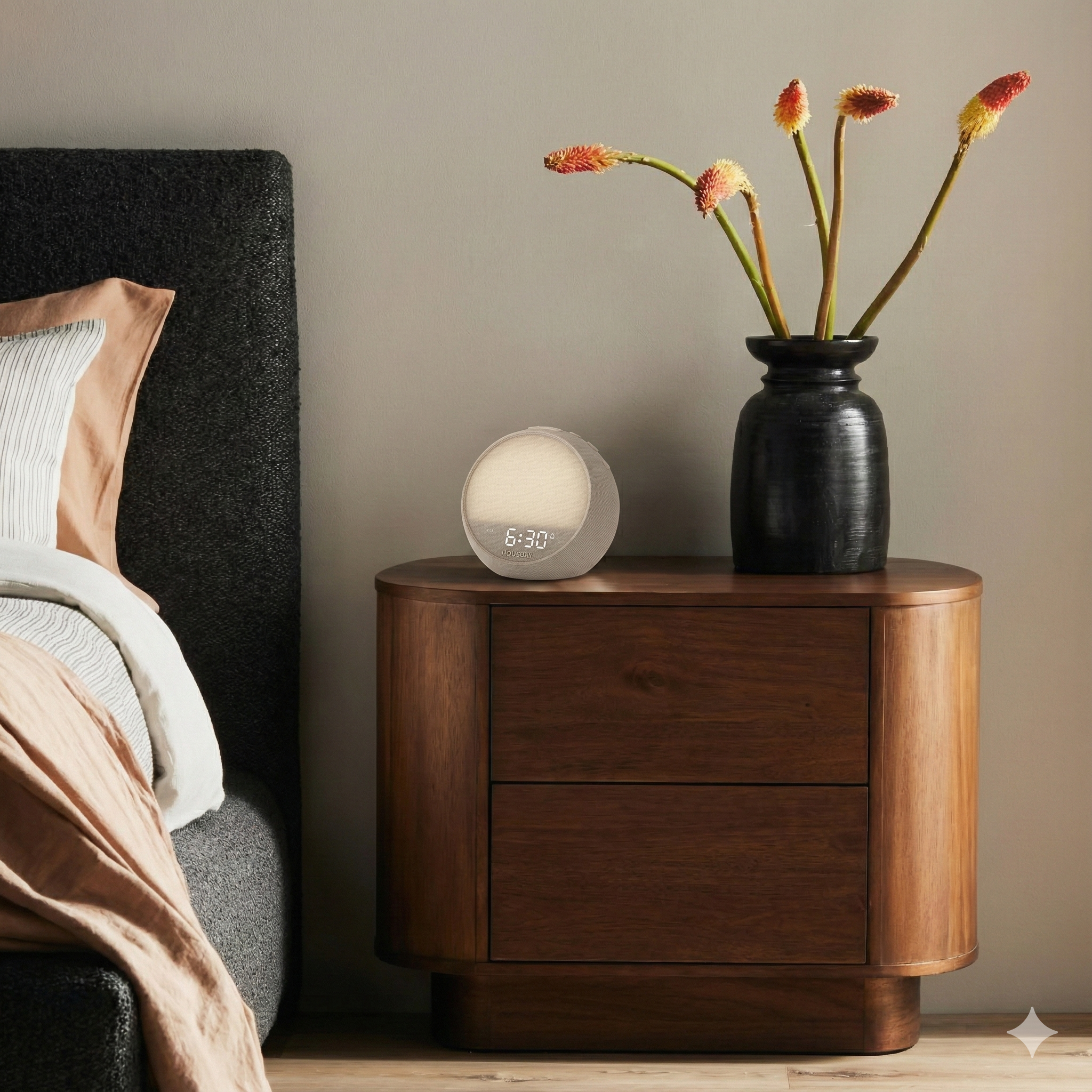 HOUSBAY Mini Awake rhythm alarm clock in a minimalist dark-themed bedroom, highlighting its clean aesthetic.