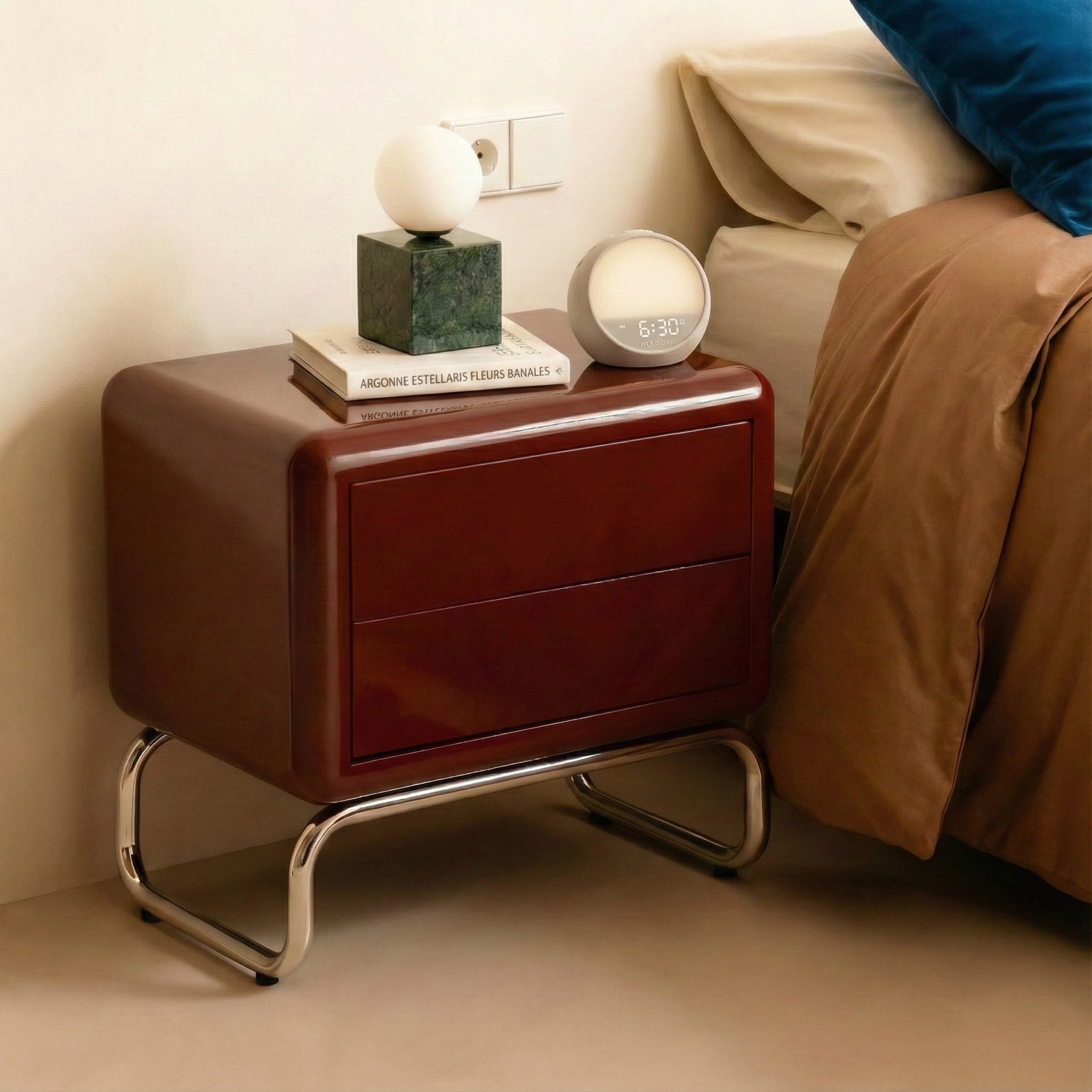 HOUSBAY Mini Awake sunrise alarm clock on a modern maroon lacquered nightstand with minimalist bedroom decor.