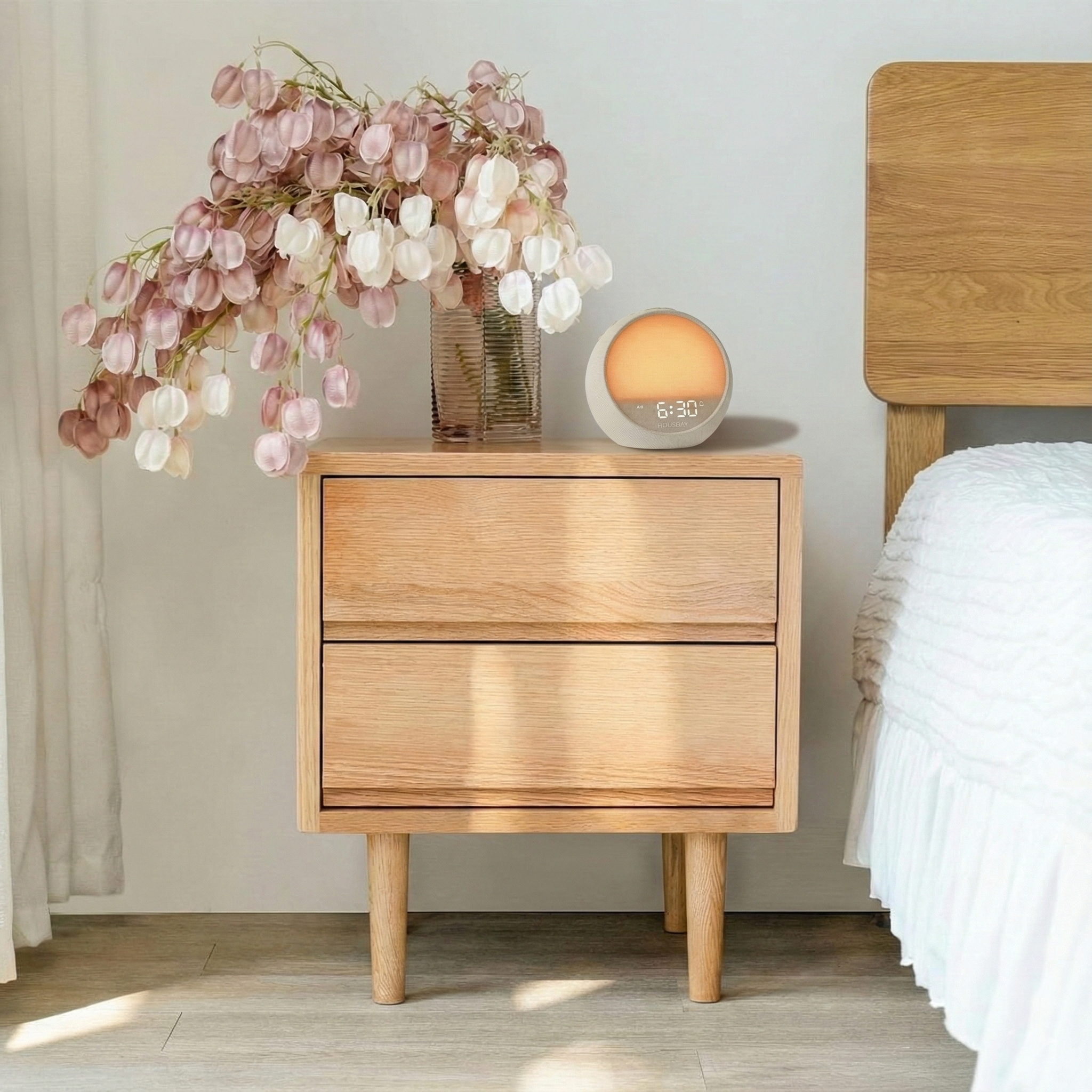 HOUSBAY Mini Awake alarm clock on a light oak Scandinavian-style nightstand with natural morning light and flowers.