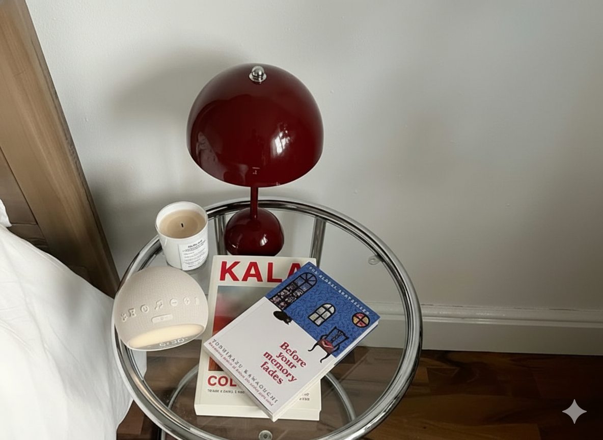 HOUSBAY MINI sunrise alarm clock in a soft bedroom corner with warm ambient light