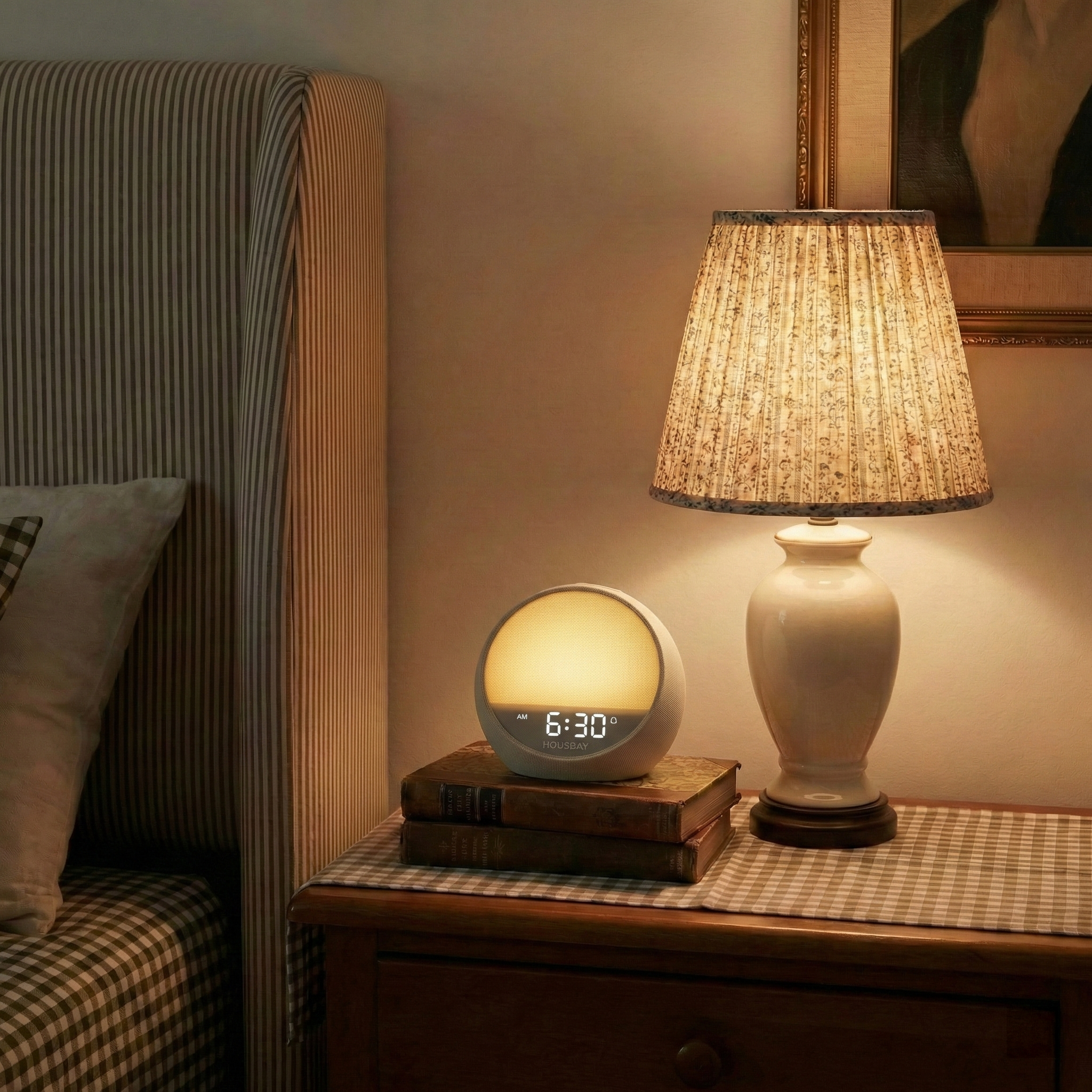 HOUSBAY MINI sunrise alarm clock styled on a bedroom shelf with flowers and soft morning light