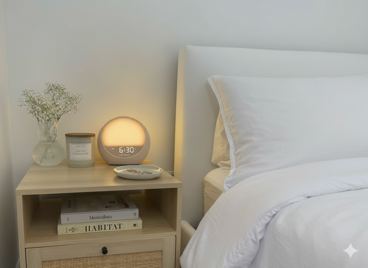 HOUSBAY MINI sunrise alarm clock on a nightstand in a cozy home bedroom