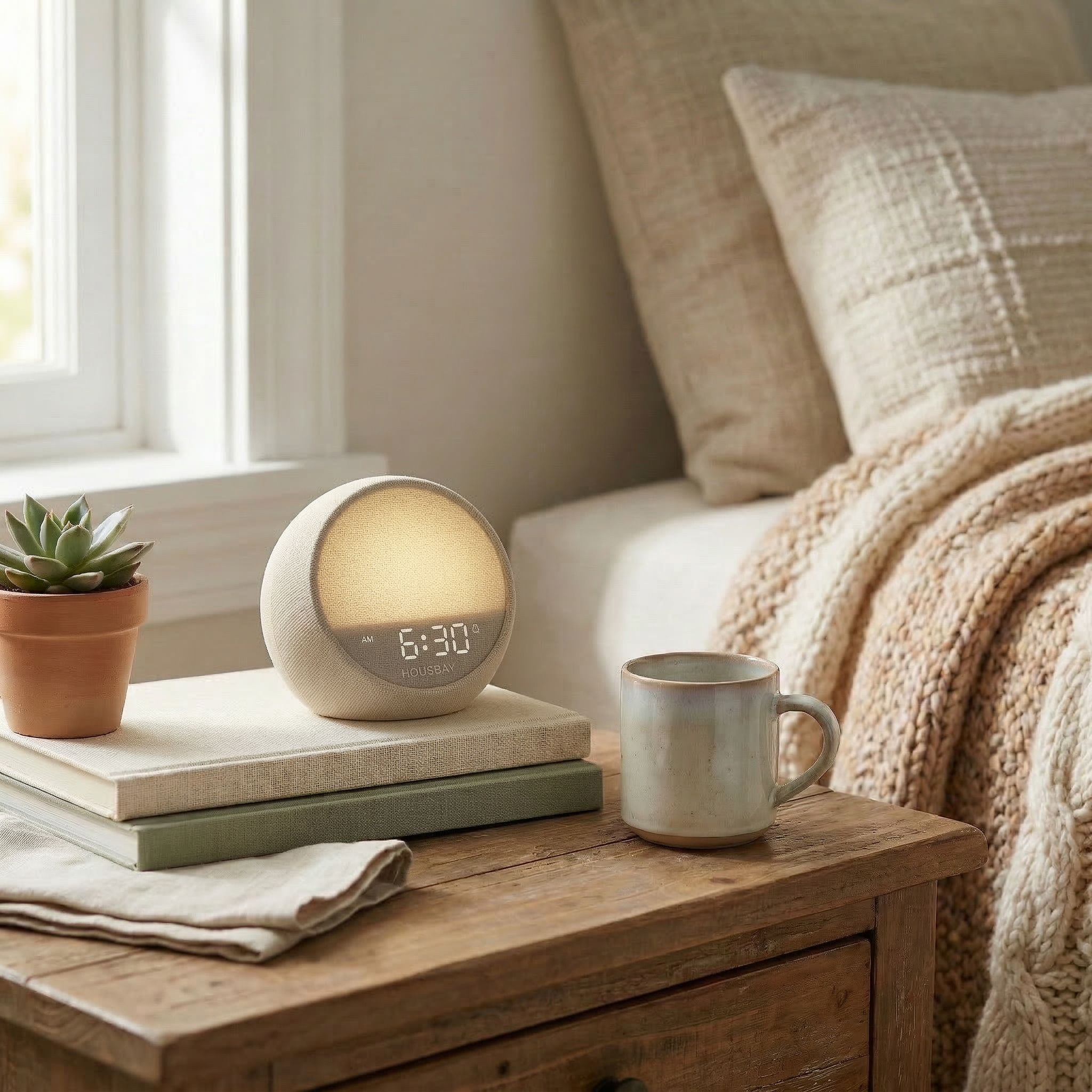 HOUSBAY MINI phone-free sunrise alarm clock on a wooden table in a cozy bedroom