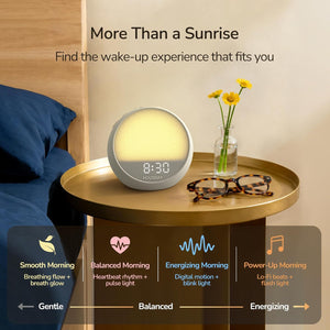 HOUSBAY Mini sunrise alarm clock highlighting gentle wake-up, bedside use, and calming light