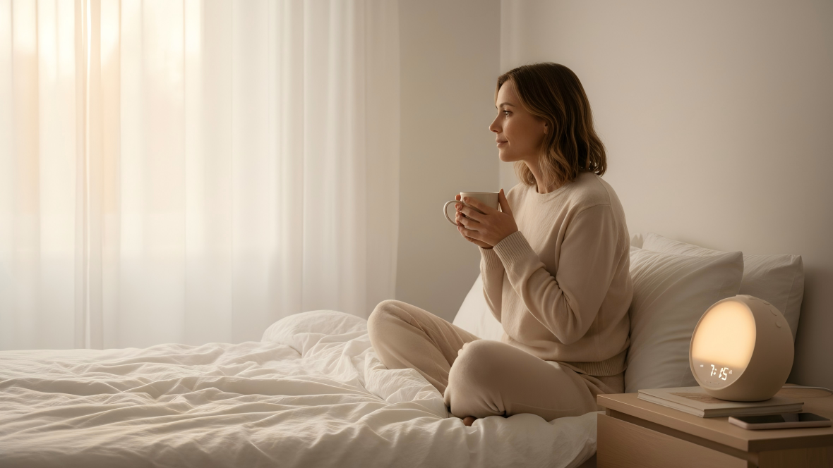 Woman enjoying a calm morning with coffee while Rhythmana MINI glows softly on the bedside table.
