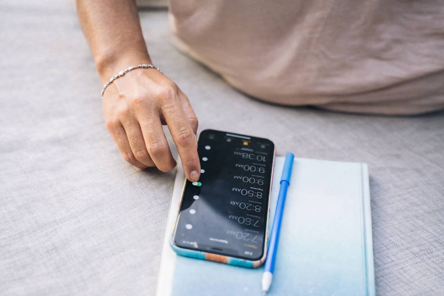phone alarm and bright screen during a stressful morning wake-up