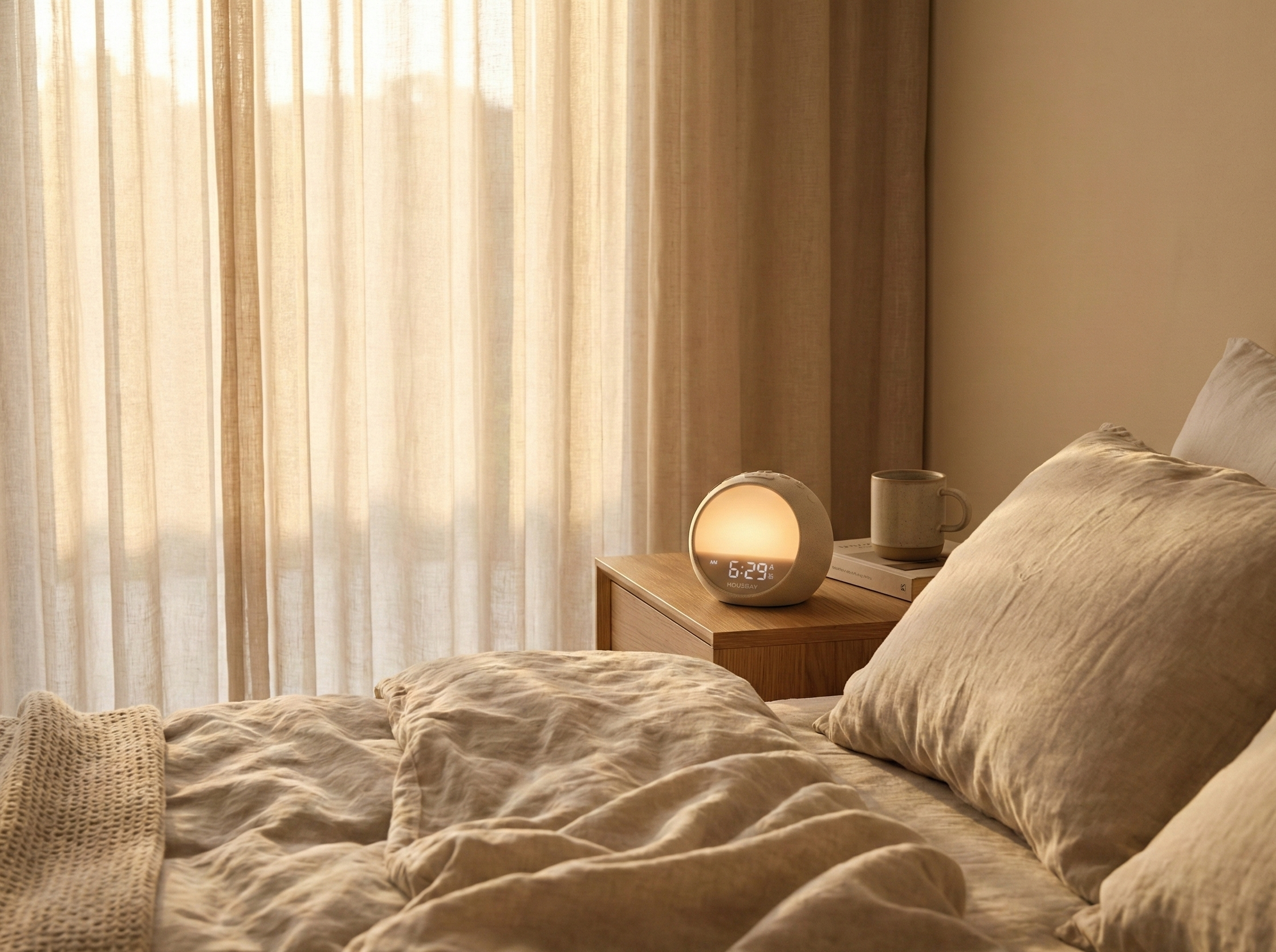 Rhythmana MINI tested in a real bedroom, showing a natural sunrise-like glow and rhythm-based wake-up in a warm morning setting