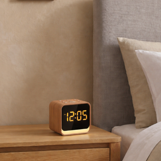 Wooden nightstand with digital clock（housbay ts1m） next to a bed in a bedroom setting.