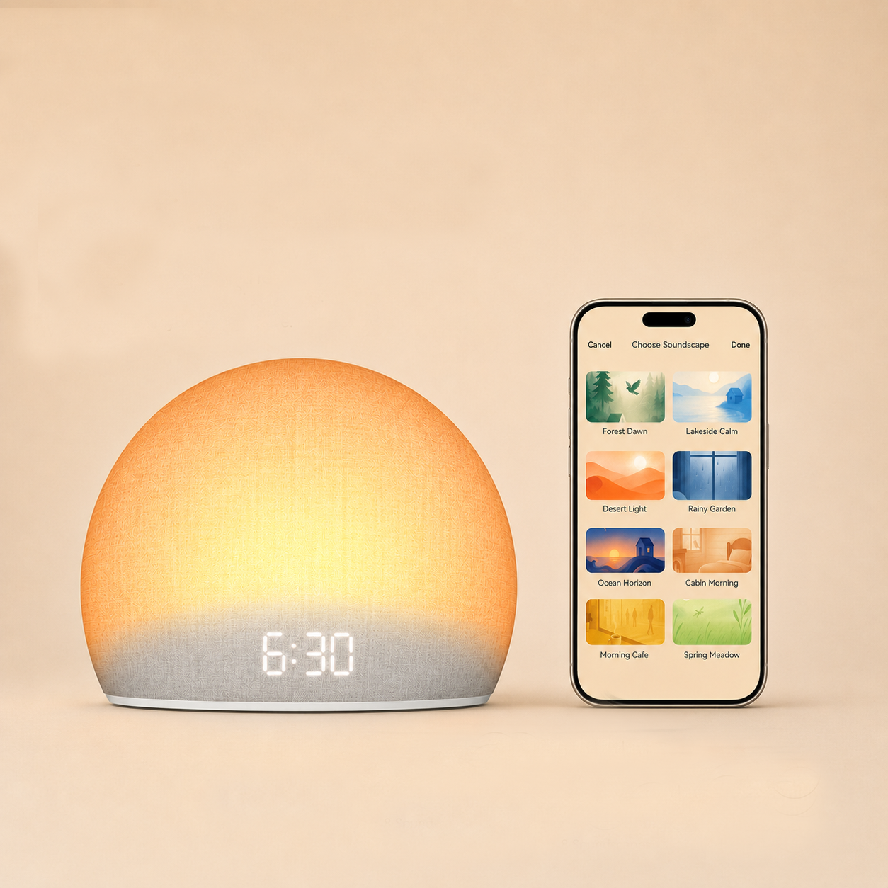 Housbay Dawn sunrise alarm clock with app control for soundscapes and alarm settings