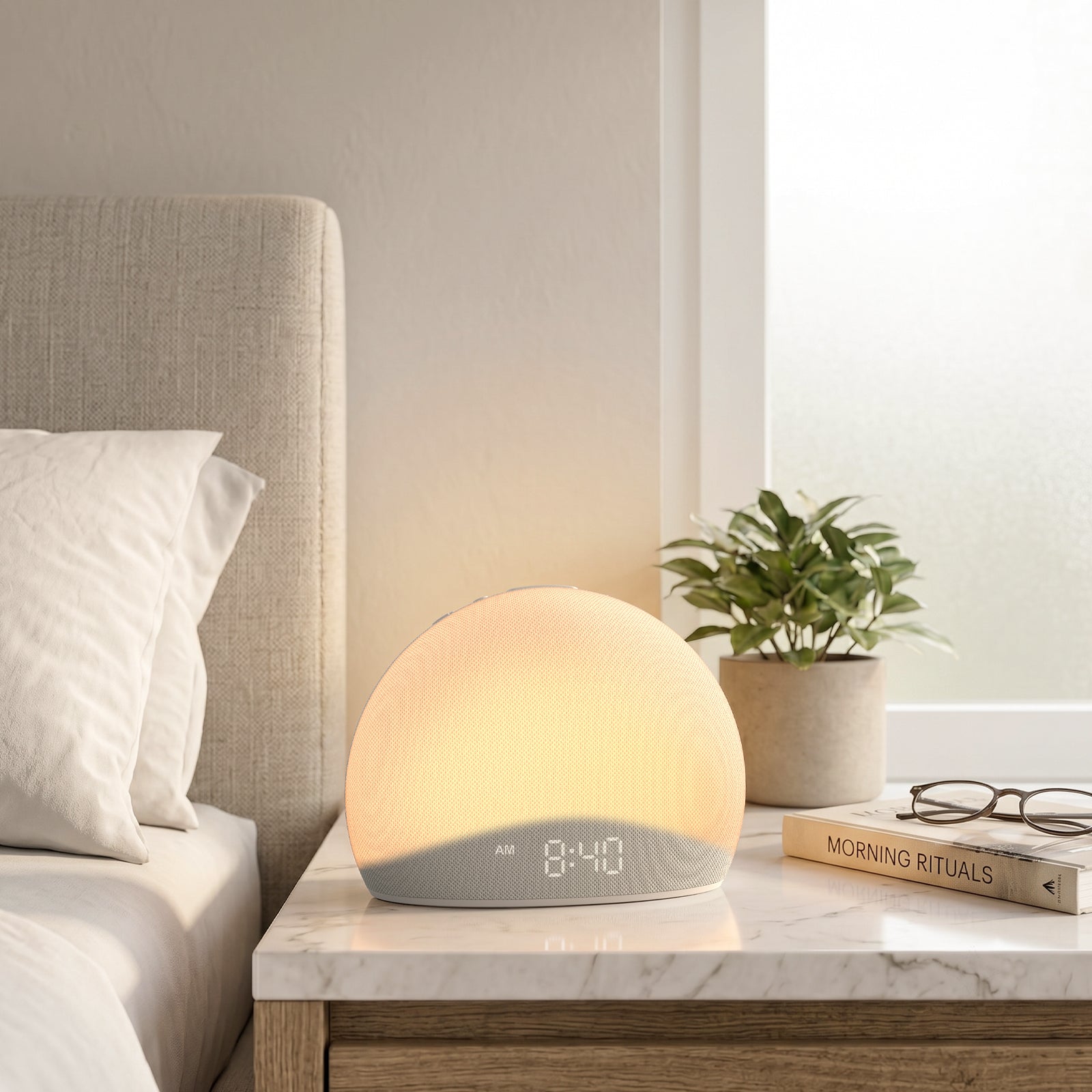 The minimalist Housbay Dawn smart alarm clock emitting a warm sunrise glow on a marble nightstand next to a potted plant and books.