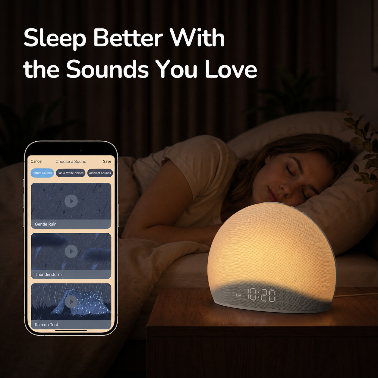 A woman sleeping comfortably in bed with Housbay Dawn emitting a warm glowing nightlight at 10:20 PM, alongside a smartphone screen showing white noise and nature sound options.