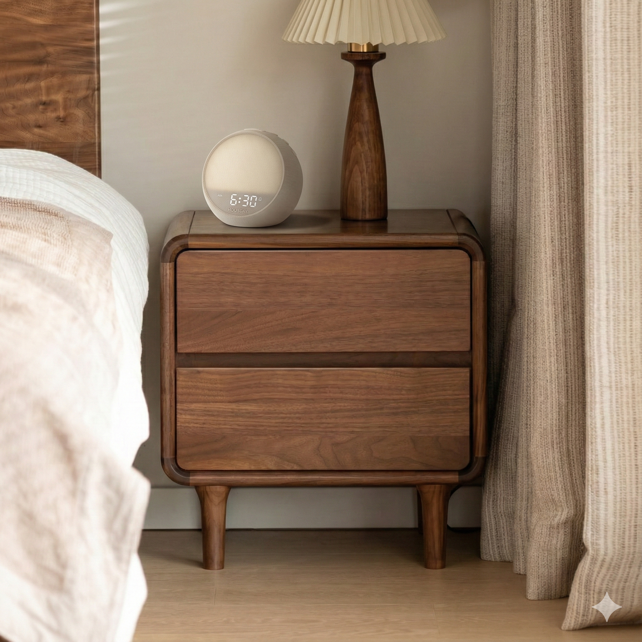 HOUSBAY Mini Awake rhythm-driven alarm clock on a classic wooden nightstand, creating a cozy and warm bedside environment.