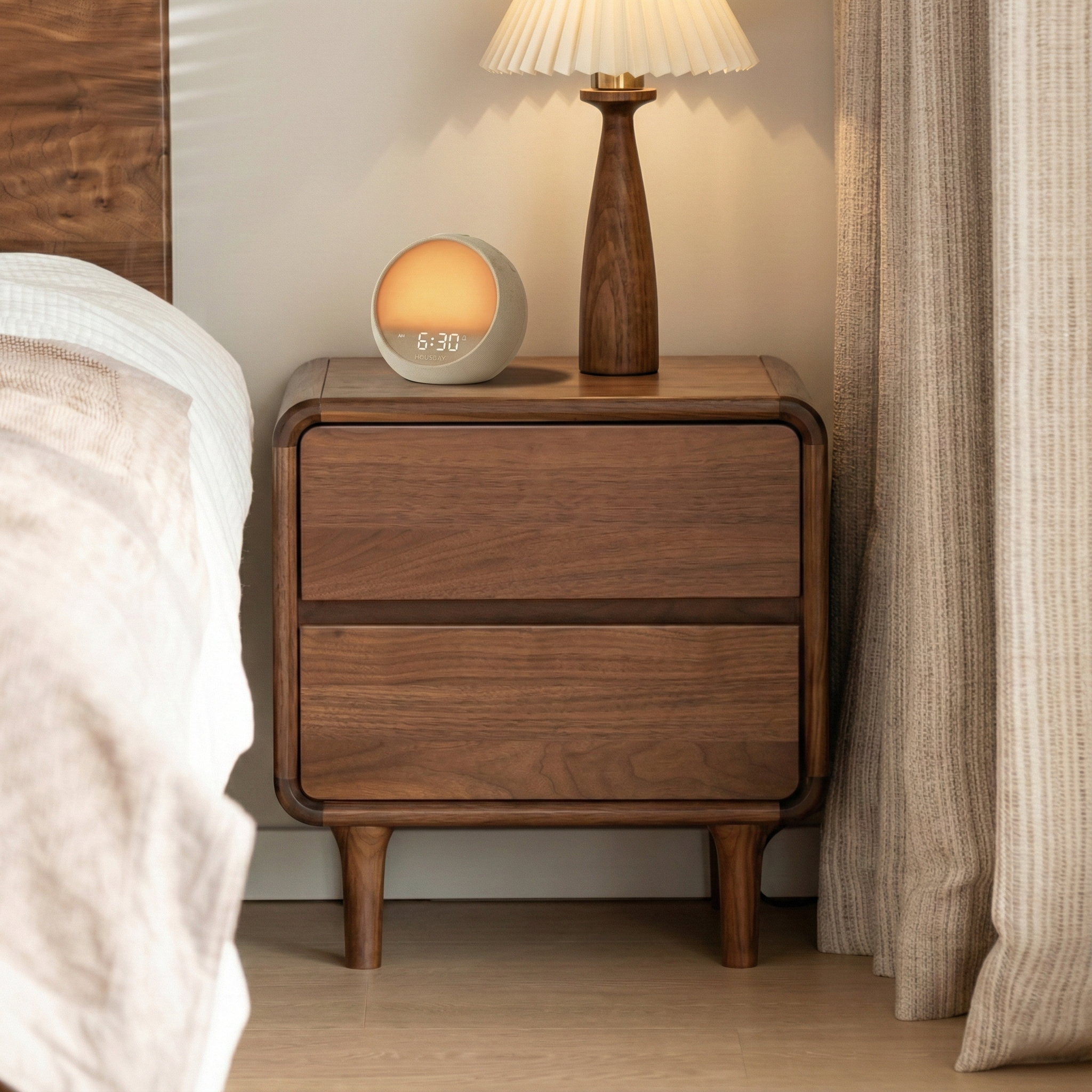 Warm sunrise glow from the HOUSBAY Mini Awake on a mid-century dark wood bedside table with a classic lamp.