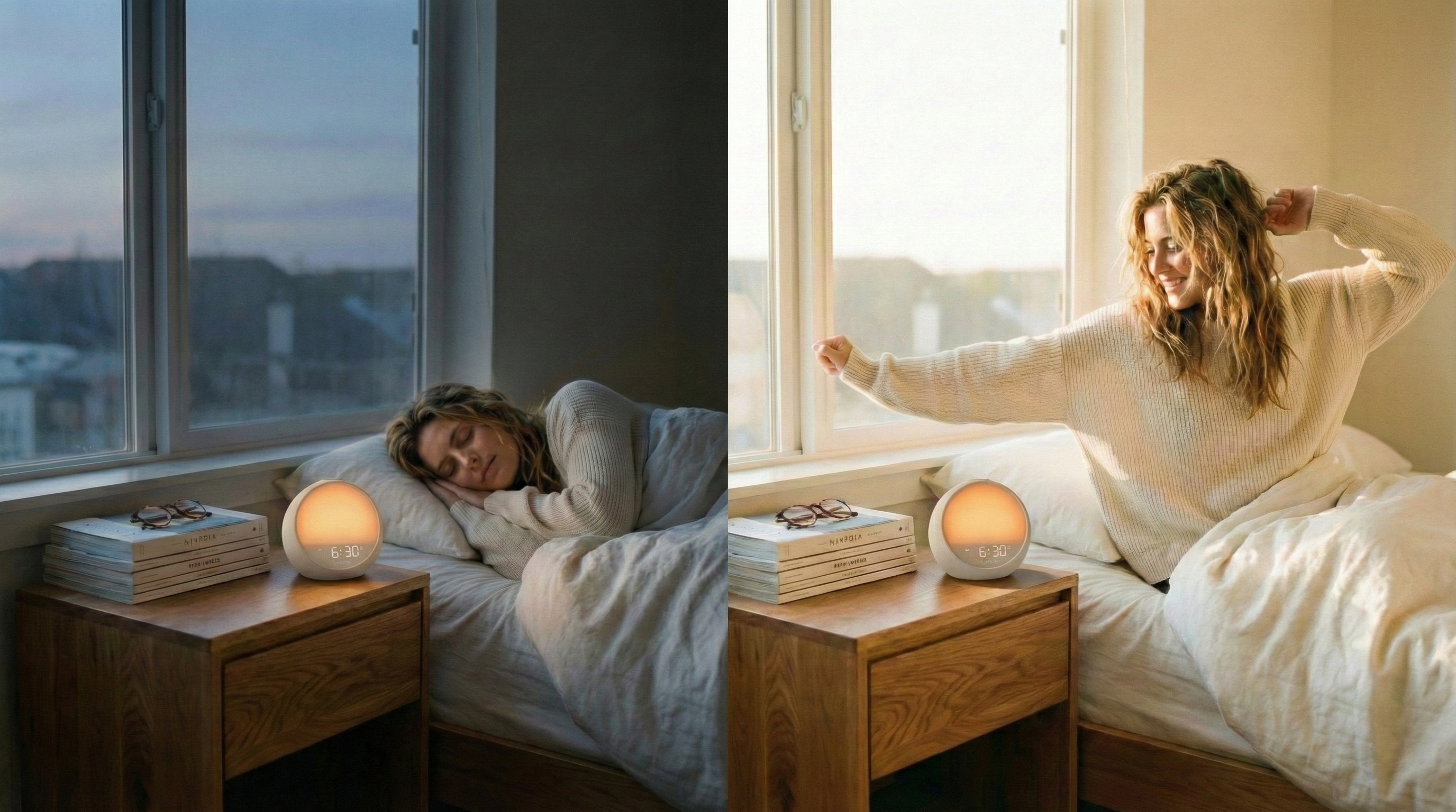 A person waking up naturally and refreshed with HOUSBAY Mini Awake's synchronized sunrise light and gentle sleep soundscapes.