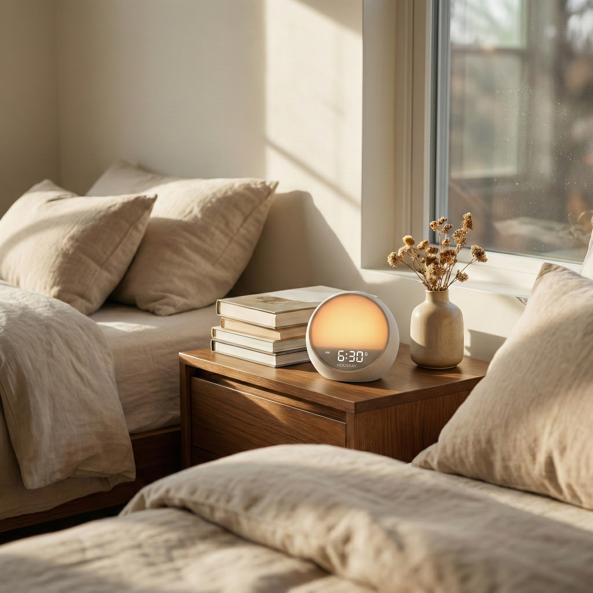 HOUSBAY MINI sunrise alarm clock in a warm bedroom for calm morning routines