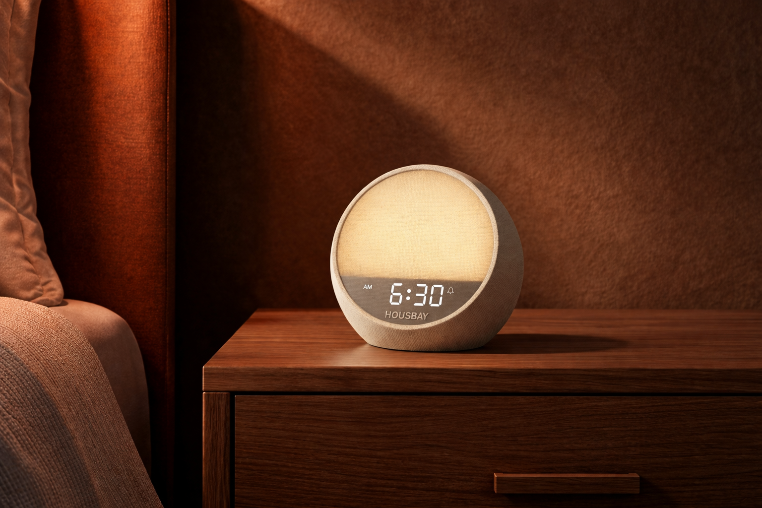 Round night light with HOUSBAY MINI phone free sunrise alarm clock on a wooden surface against a brown textured wall.