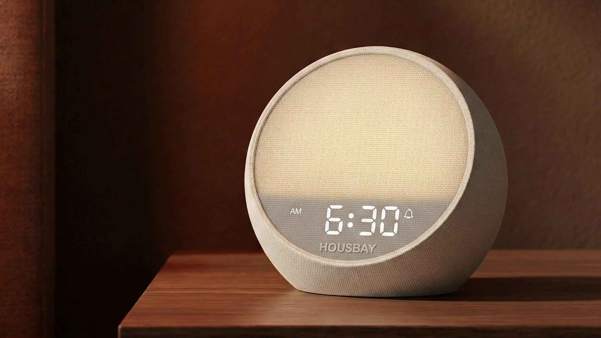 HOUSBAY MINI sunrise alarm clock on a wooden bedside table in a warm bedroom scene