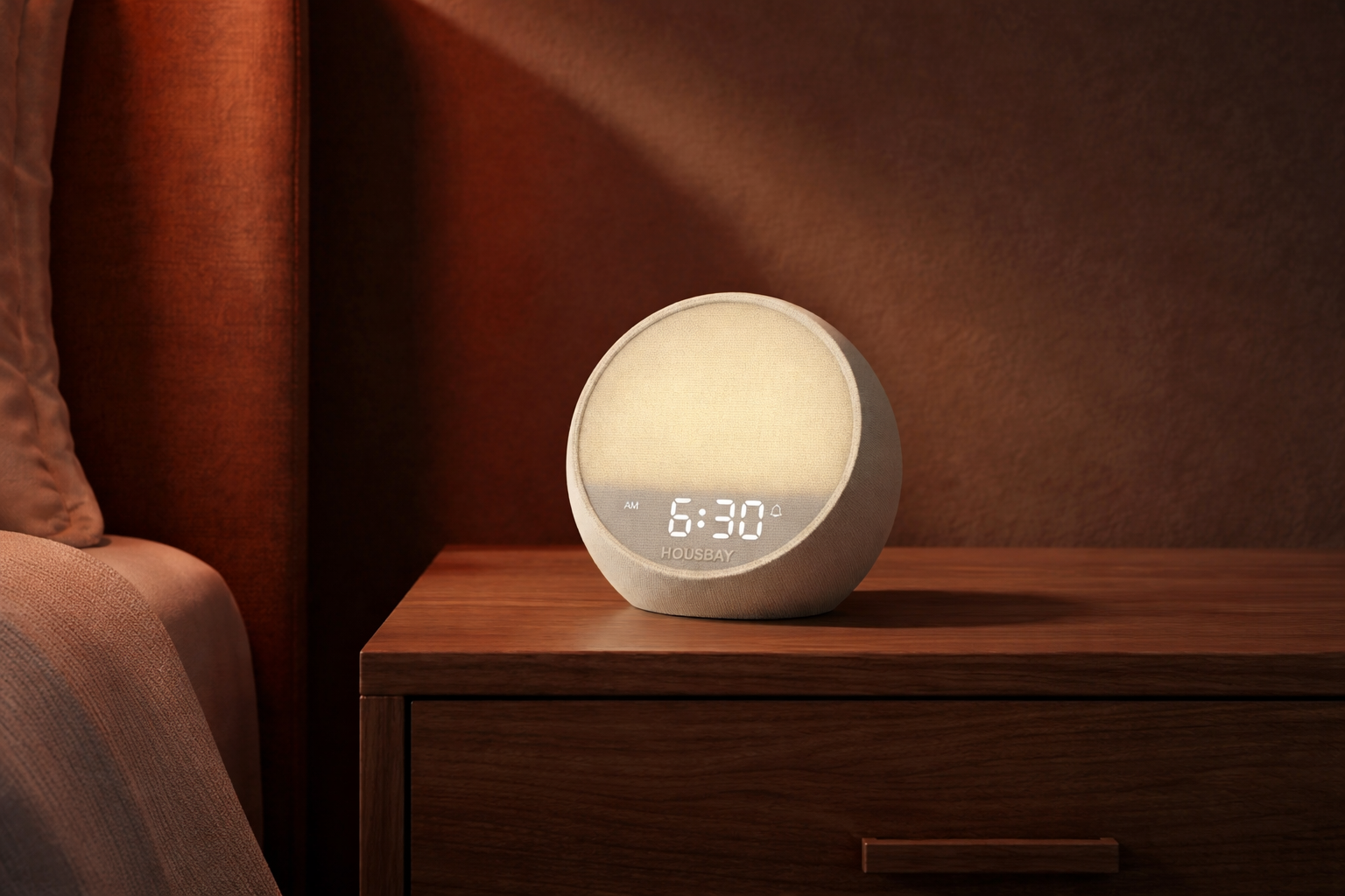 HOUSBAY MINI sunrise alarm clock on a bedside table in a warm bedroom