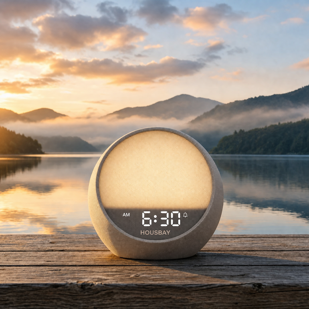 Housbay mini phone free sunrise alarm clock on a wooden platform by a lake at sunset