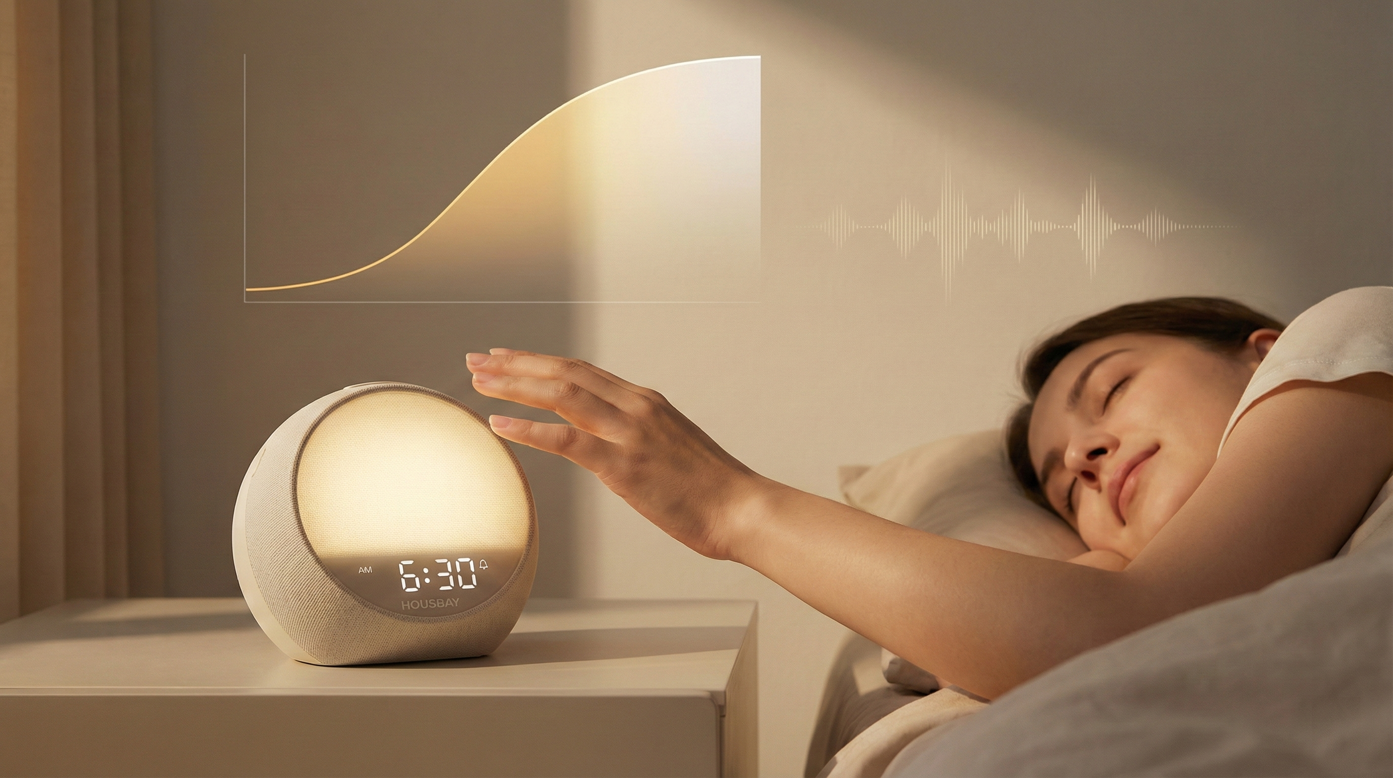 HOUSBAY MINI sunrise lamp and alarm clock with synchronized light rise and sound warmth for better sleep rhythm.