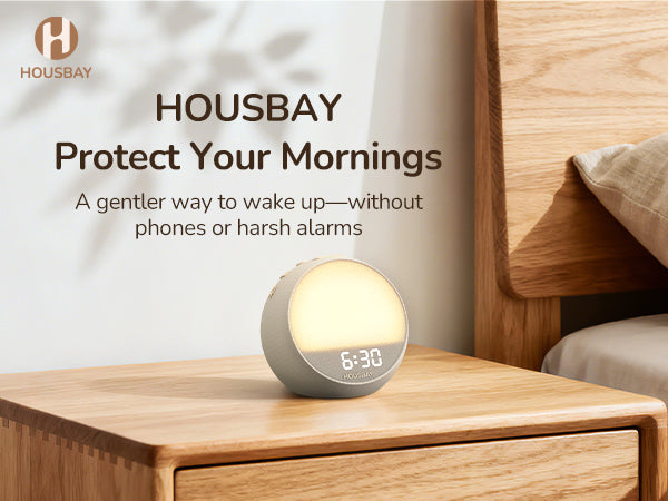 HOUSBAY sunrise alarm clock on a bedside table with the message Protect Your Mornings