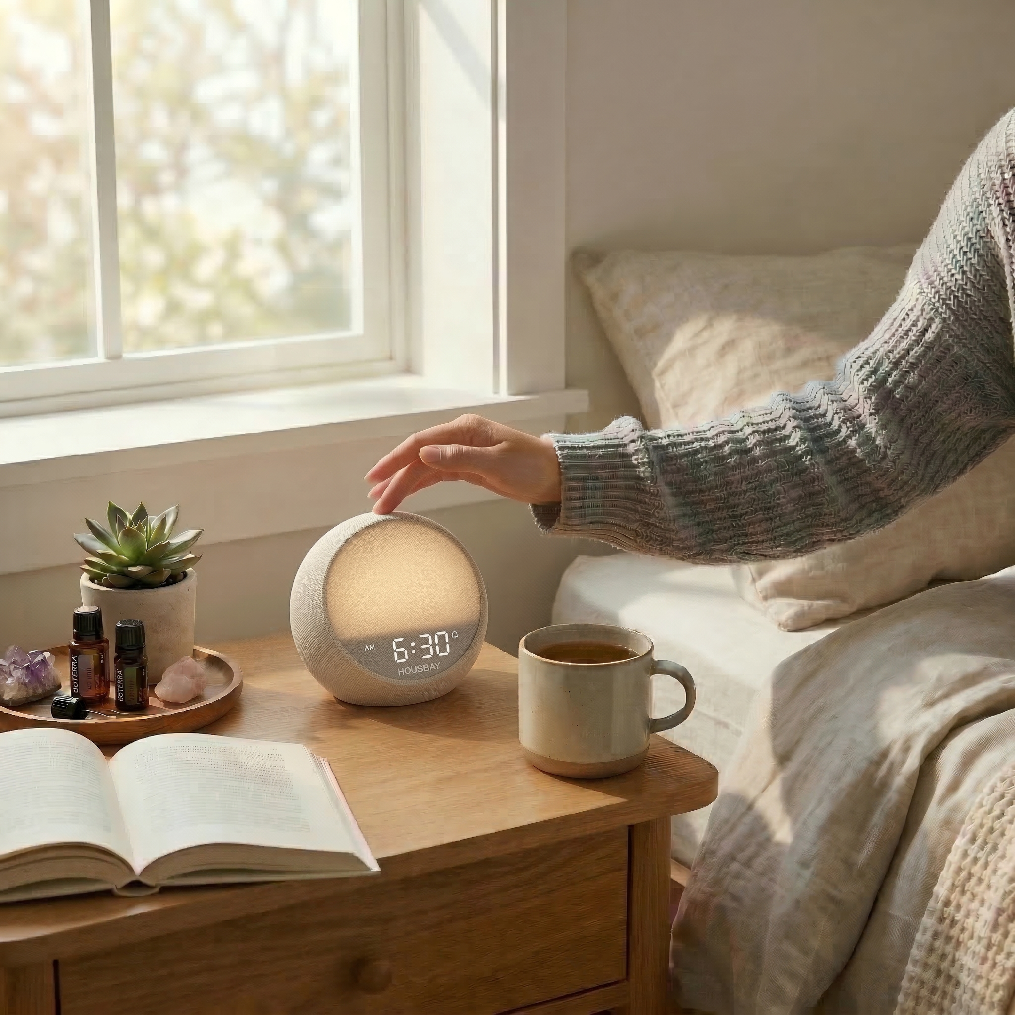 Person interacting with a HOUSBAY MINI phone-free sunrise alarm clock on a bedside table next to a cup of coffee and an open book.