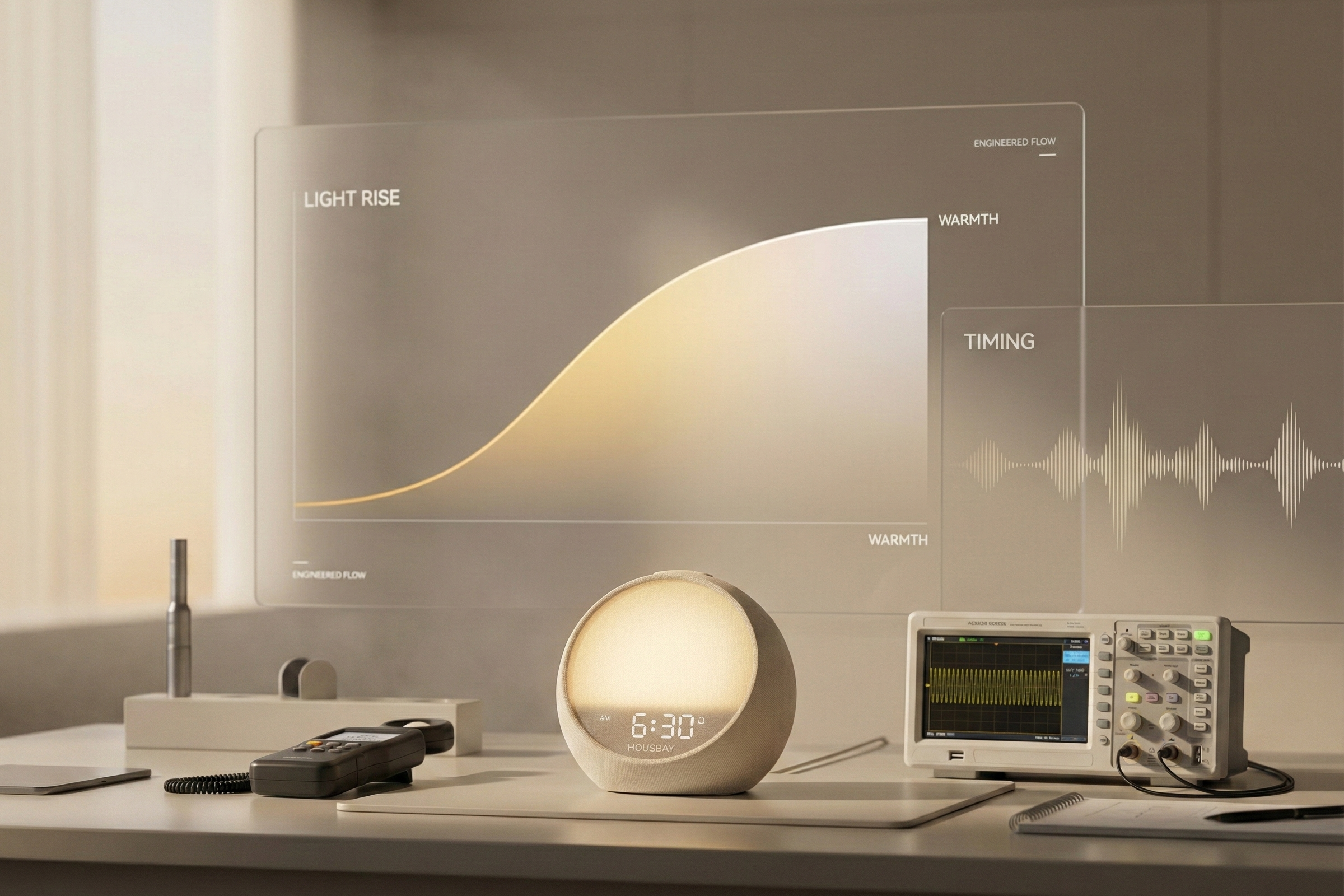 Rhythmana MINI glowing during engineering calibration, with a smooth sunrise-like light curve visual showing how its wake-up rhythm is tuned for timing, flow, and gentle progression